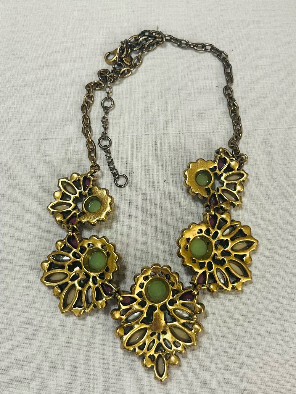 J. CREW Statement Necklace Gold Shiny Rhinestones Green Purple Beige Stones 24” - Picture 7 of 8